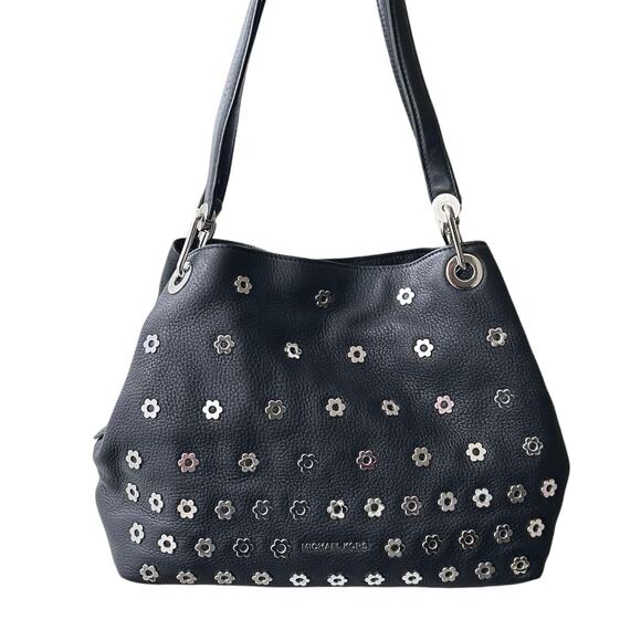 Michael Kors Black Leather Raven Silver Flower Stud Large Shoulder Tote Purse - Picture 16 of 16